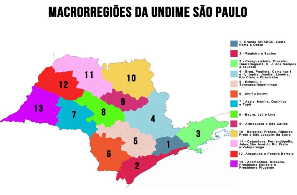 Mapa do estado de São Paulo com os municípios e as 13 macrorregiões da Undime-SP.