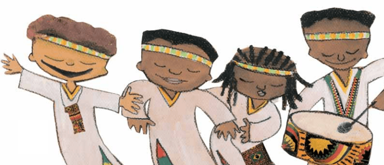 Desenho de crianças afro-brasileiras e tambores.
