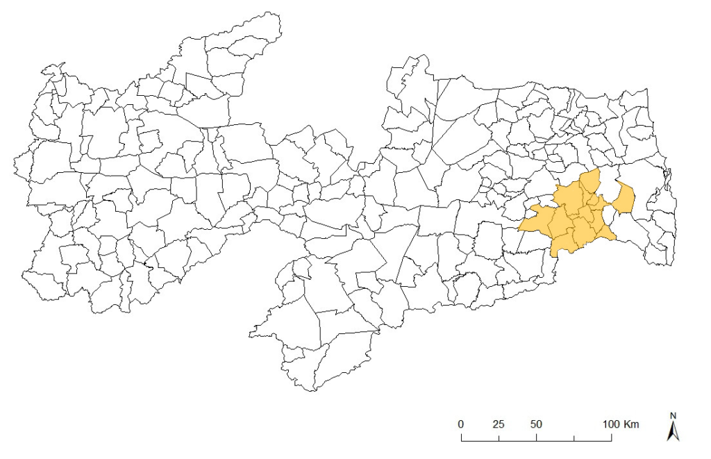 Mapa da Paraíba mostrando municípios do Cogiva.