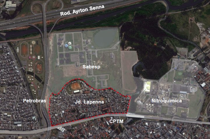 Delimitação do Jardim Lapenna, na zona leste de São Paulo, segundo barreiras físicas (Sabesp, Petrobras, Nitroquímica, CPTM). Fonte: Fundação Tide Setubal.