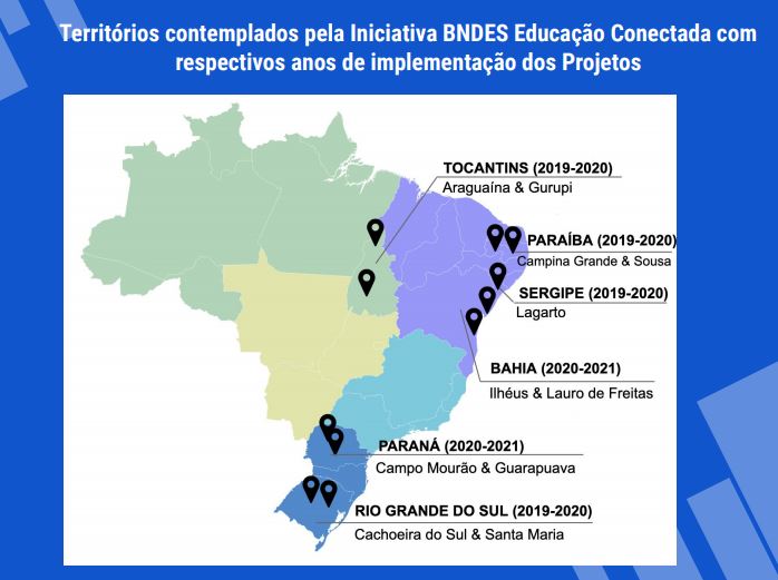 Imagem de mapa com territórios contemplados pela Iniciativa BNDES Educação Conectada.