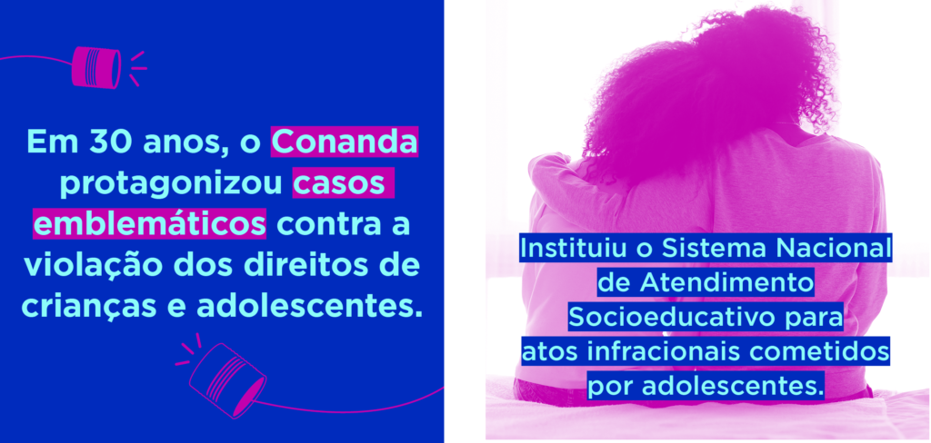 Imagens da campanha #EscuteEsseConselho, criada em 2019, que mostram a importância do Conanda para a garantia dos direitos das crianças e dos adolescentes. 