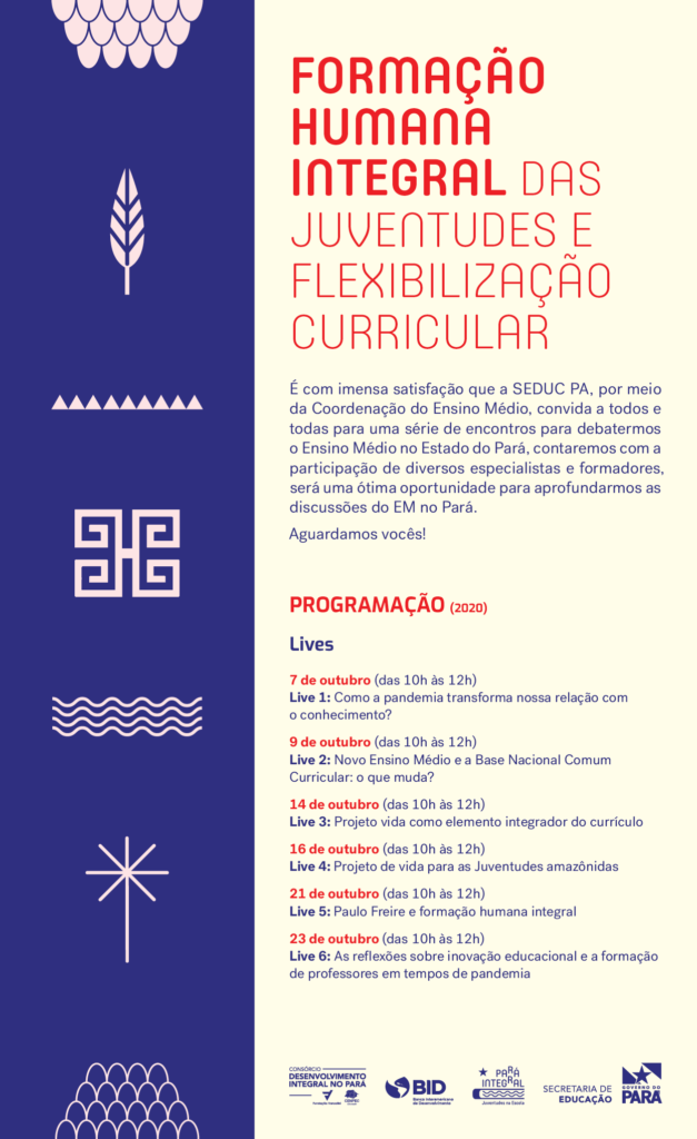 Imagem da programação das lives oferecidas pela Secretaria de Estado de Educação do Pará (Seduc).